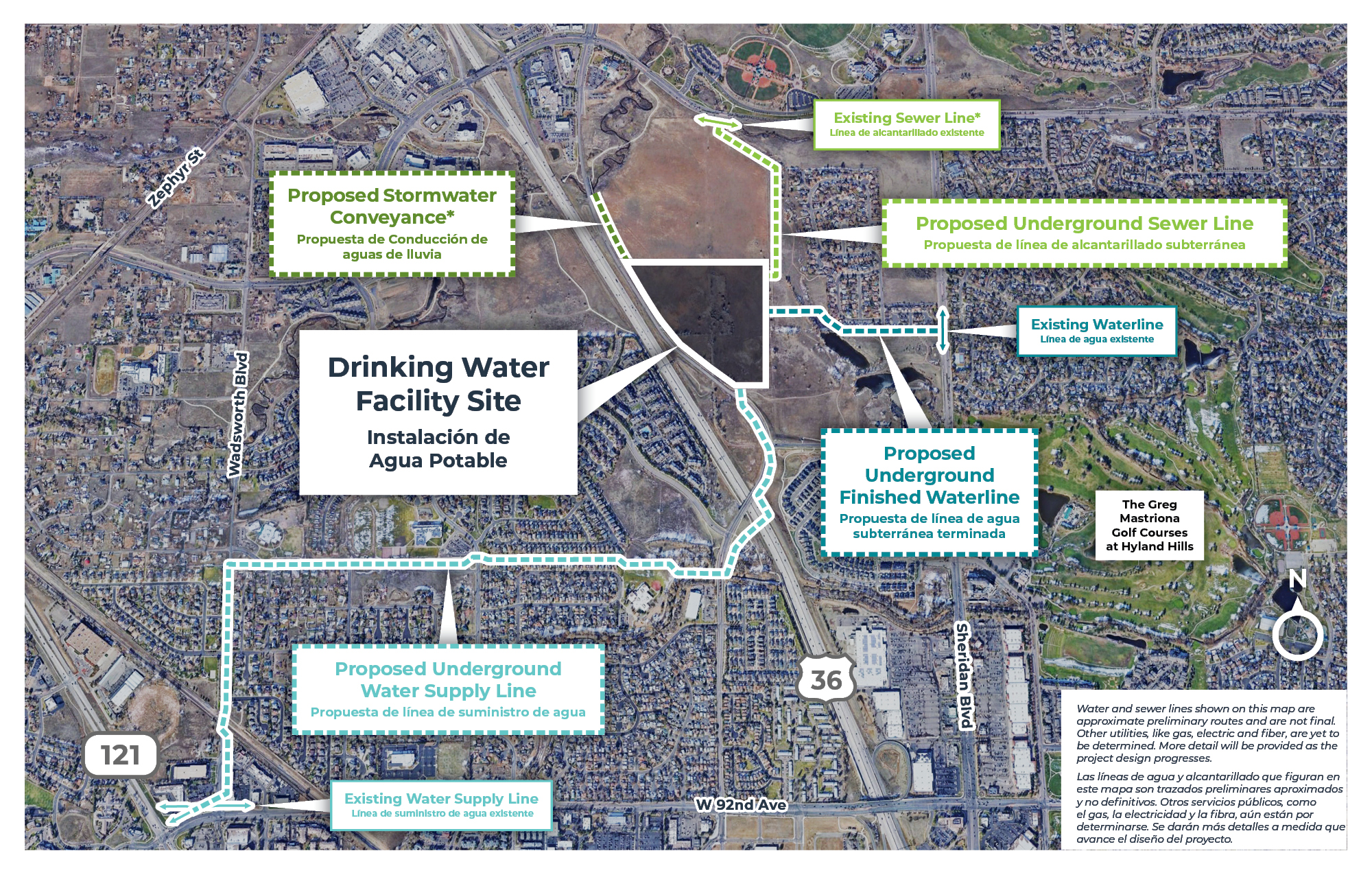 Map showing the drinking water facility on the east side of Westminster Boulevard between 98th and 104th Avenues with the proposed water supply line connecting on the south side of the facility and extending southwest to connect with the existing water supply lines. It also shows the proposed sewer line and finished waterlines extending east from the facility site and connecting to existing sewer and waterlines.