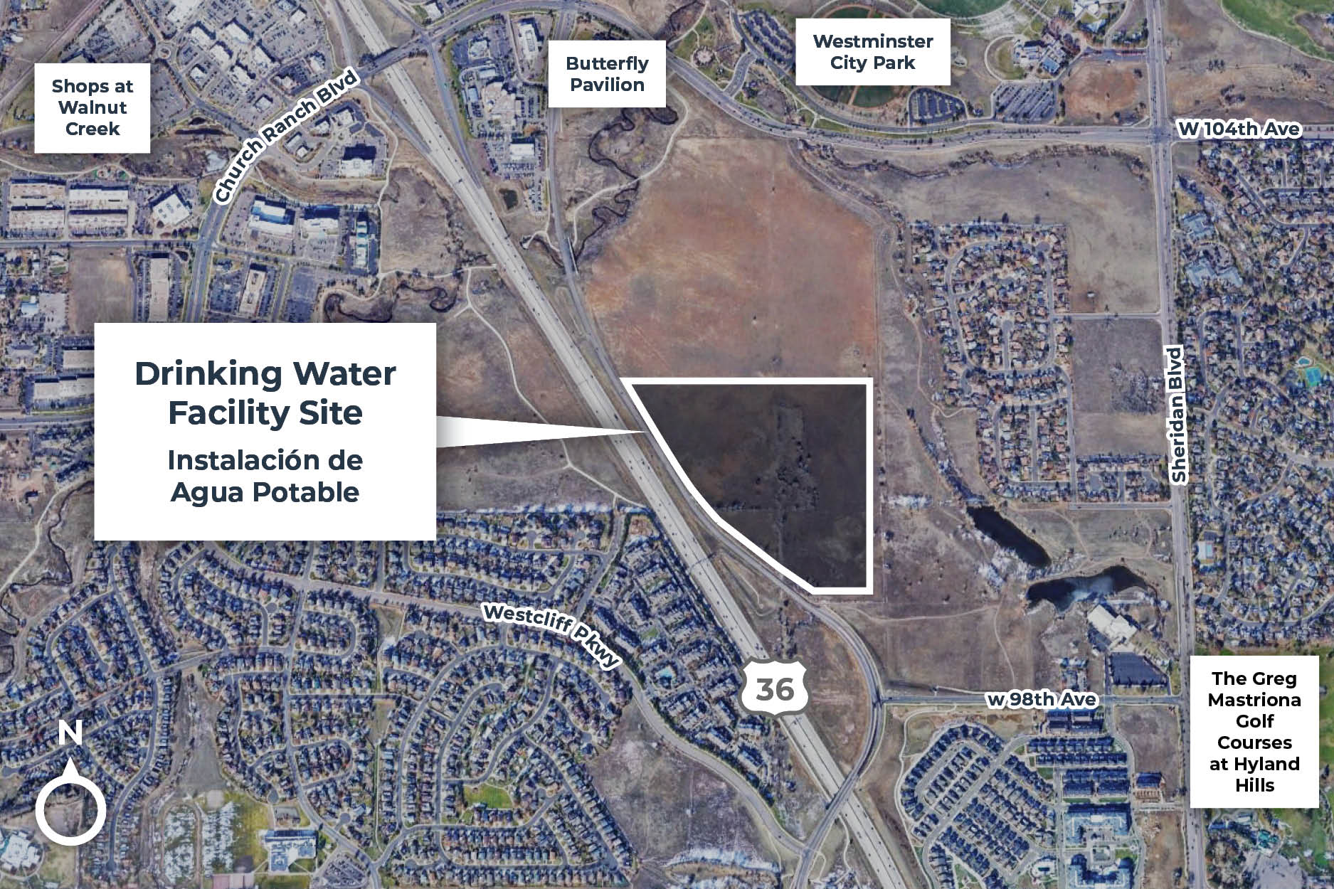 Map showing the drinking water facility site on the east side of Westminster Boulevard between 98th and 104th Avenues.